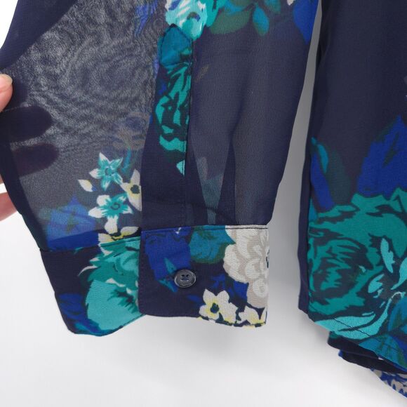 Old Navy floral semi-sheer chiffon button up top Size XXL blue long sleeve - Picture 2 of 6